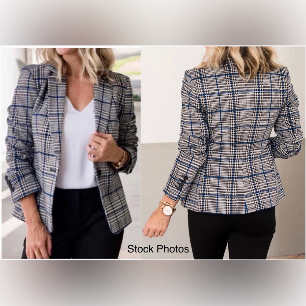 Express Herringbone Lined Stretch Blazer Black Wh… - image 2